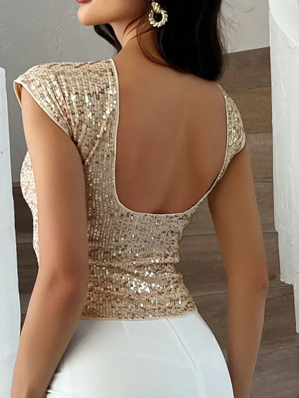 Devine Sequin Round Neck Backless T-Shirt - Piña Colada