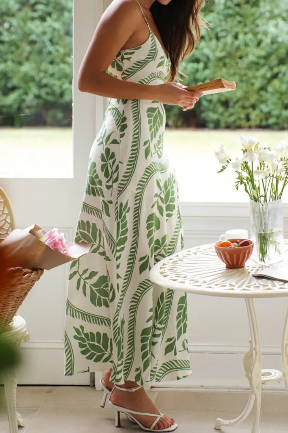 Leaf Print Slit V-Neck Midi Cami Dress - Piña Colada