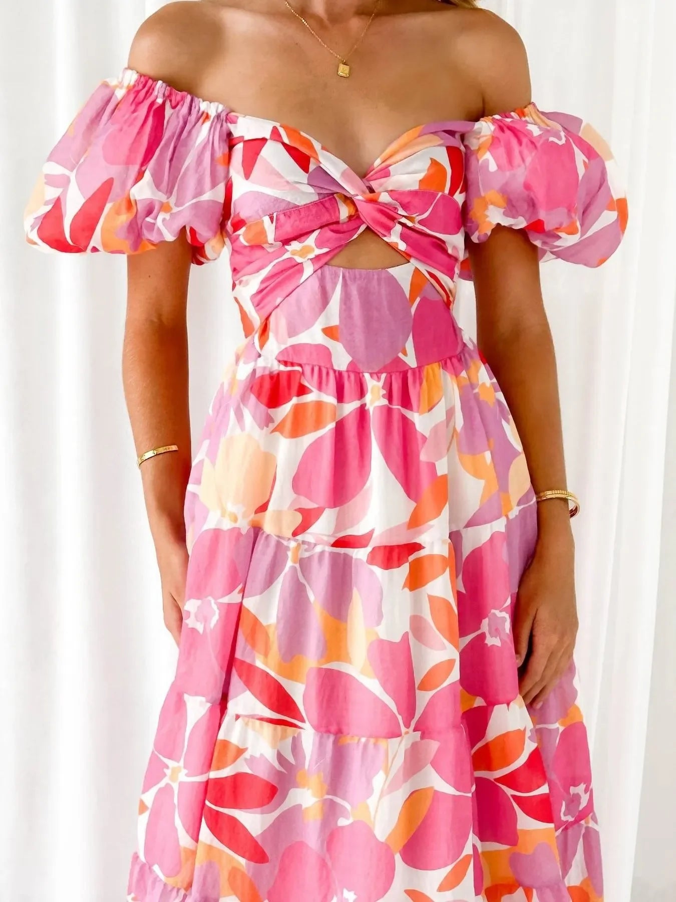 Off-Shoulder Floral Tiered Dress with Ruffle Details - Piña Colada