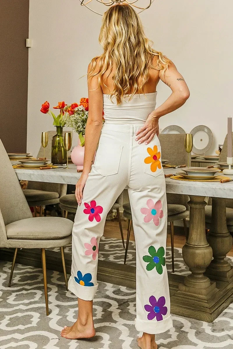 BiBi Flower Print Straight Legs Pants - Piña Colada