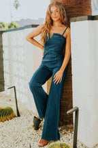 Spaghetti Strap Wide Leg Denim Jumpsuit. - Piña Colada