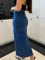 Front Button Slit Midi Denim Skirt - Piña Colada