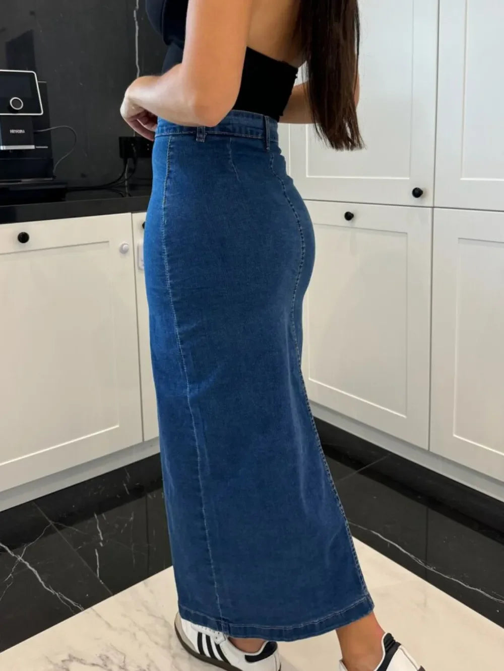 Front Button Slit Midi Denim Skirt - Piña Colada