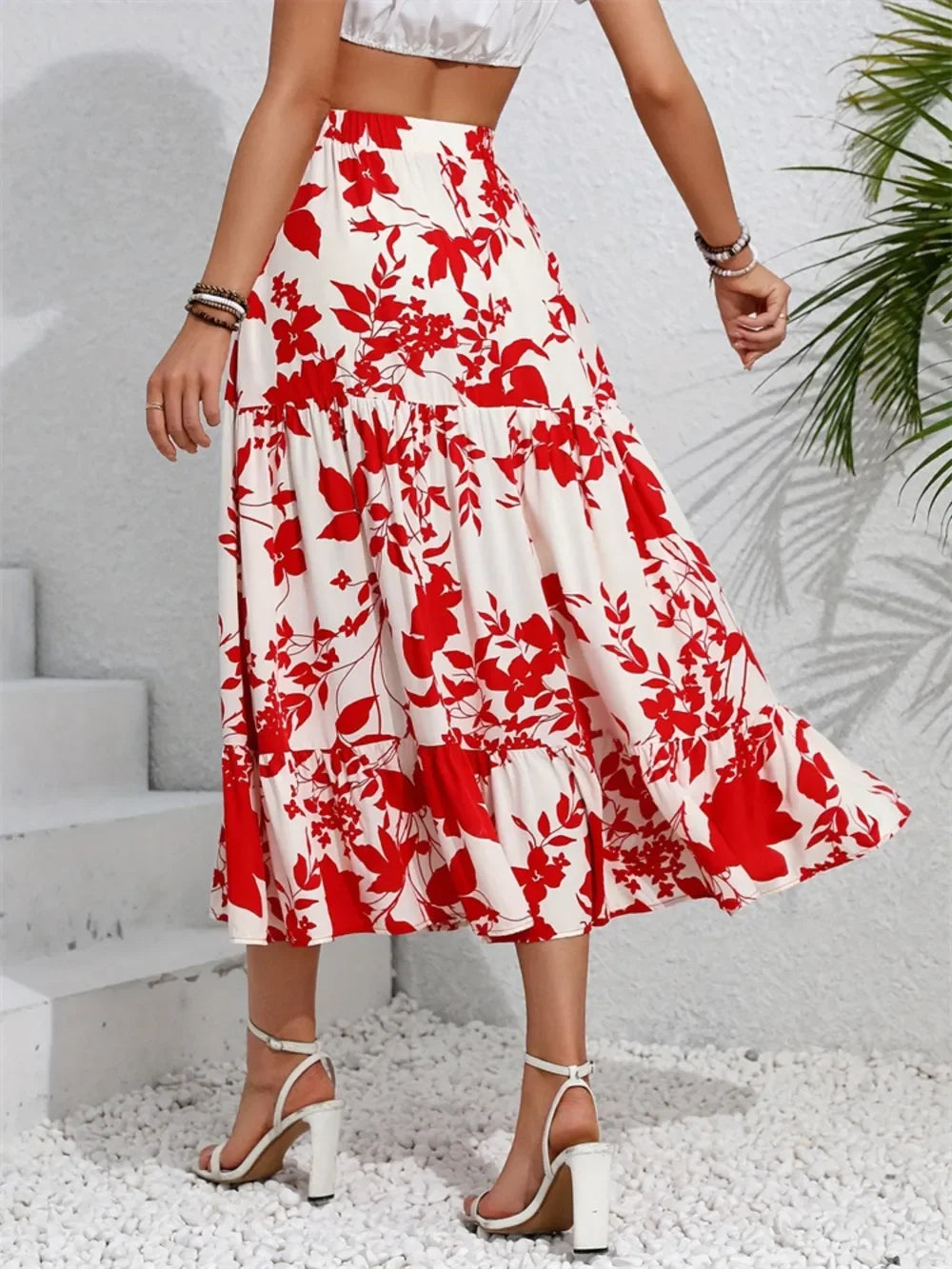 Ruffled Hem Printed Midi Skirt - Piña Colada