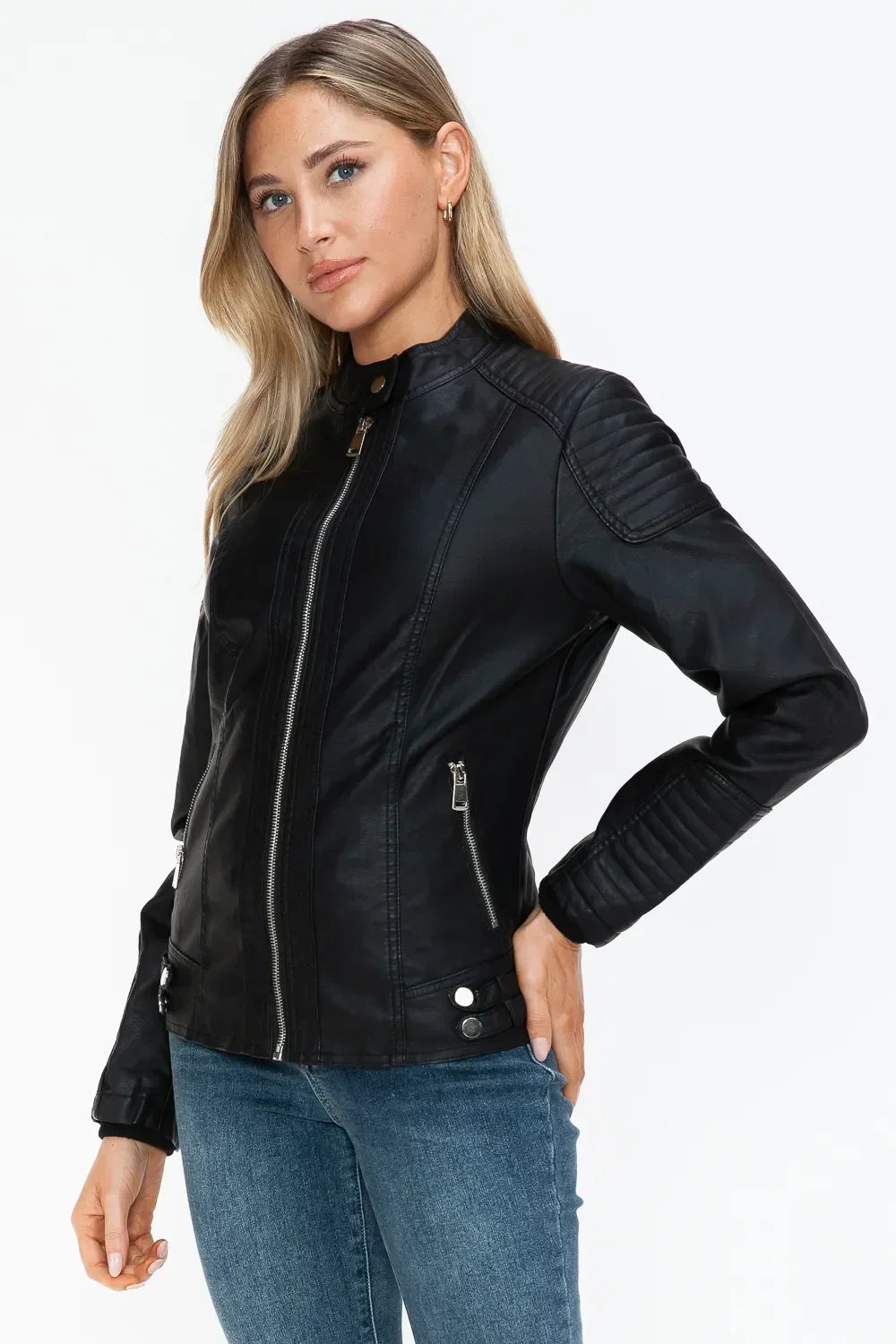 Snobbish Faux Leather Biker Jacket with Side Zip Pockets - Piña Colada