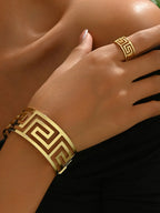 18K Gold-Plated Stainless Steel Geometric Bracelet and Ring Jewelry Set - Piña Colada