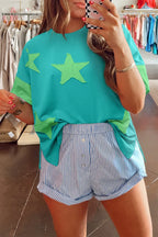 Oversized Star Patch T-Shirt – Raw Hem Split Design for Women - Piña Colada