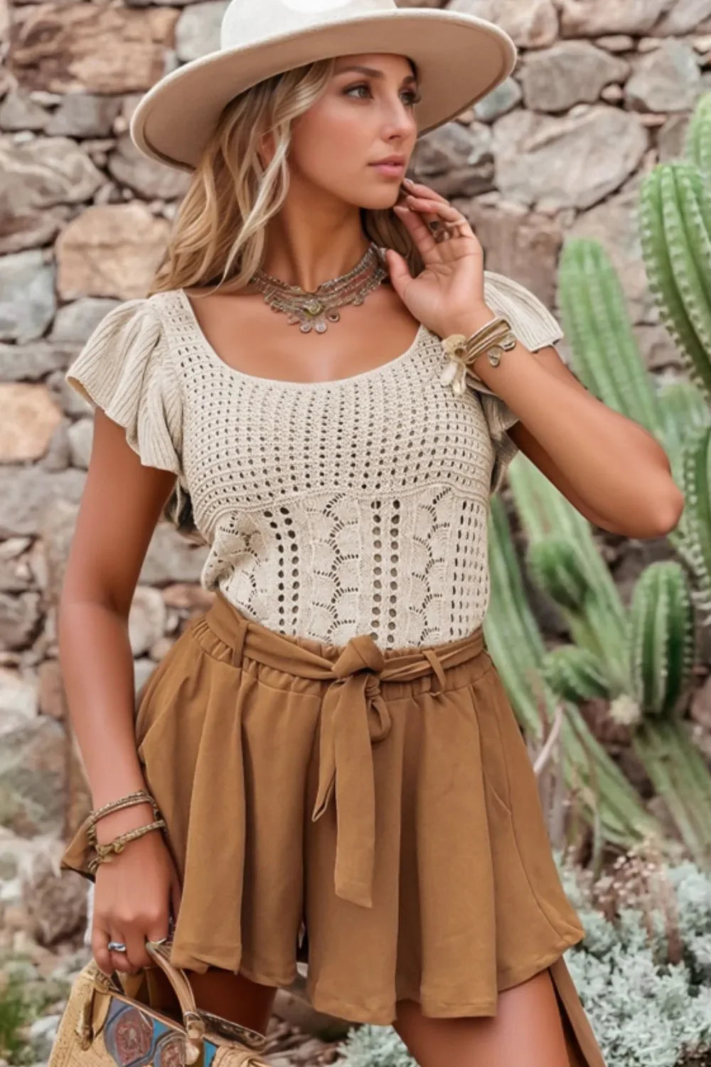 Openwork Ruffled Scoop Neck Knit Top - Piña Colada