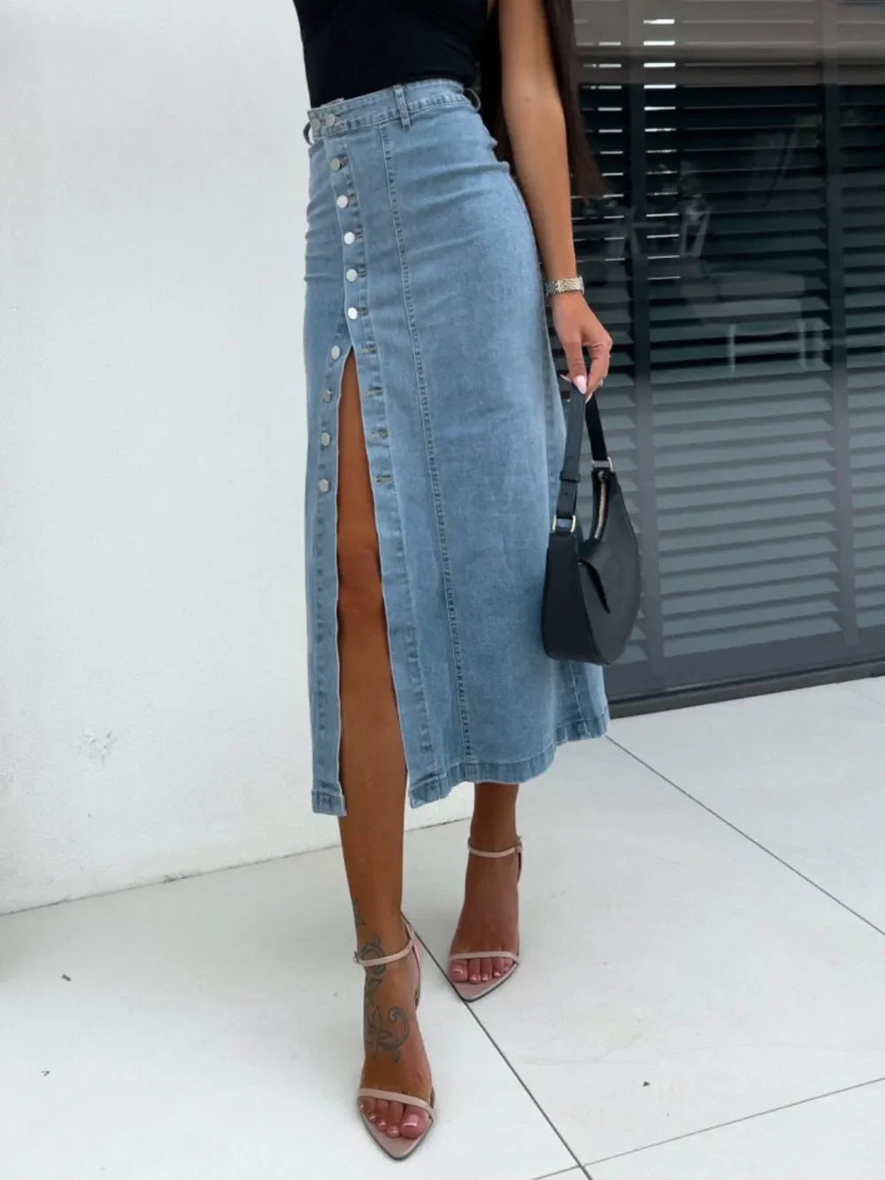 Front Button Slit Midi Denim Skirt - Piña Colada