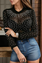 Rhinestone Trim Mock Neck Long Sleeve Bodysuit - Piña Colada