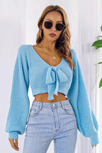 Bow V-Neck Long Sleeve Cropped Sweater - Piña Colada