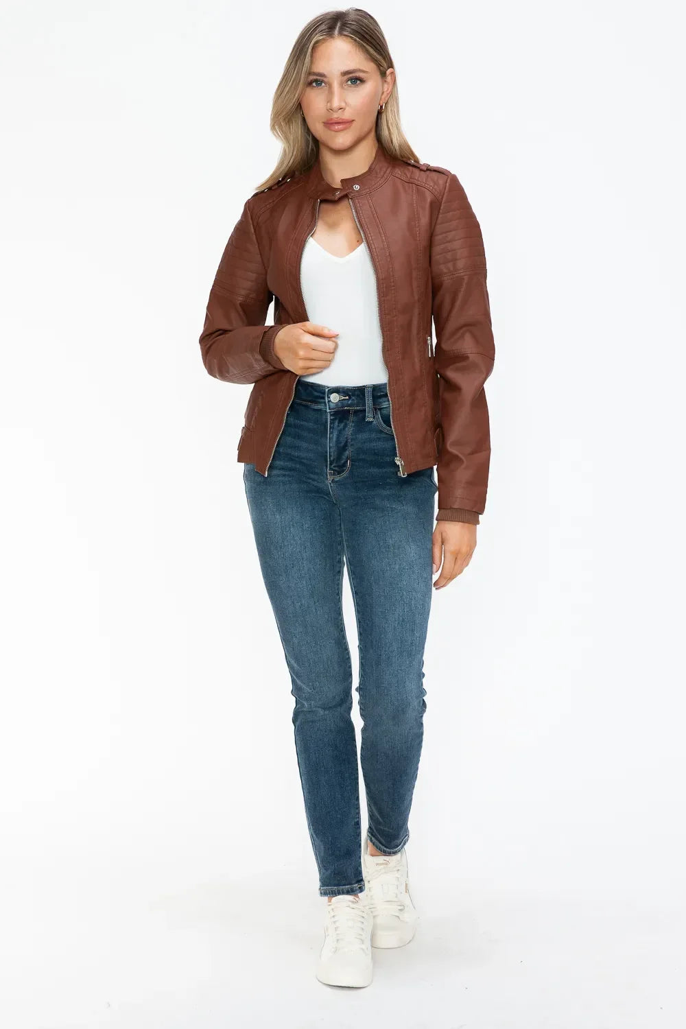 Snobbish PU Leather Biker Jacket with Side Zip Pockets - Piña Colada