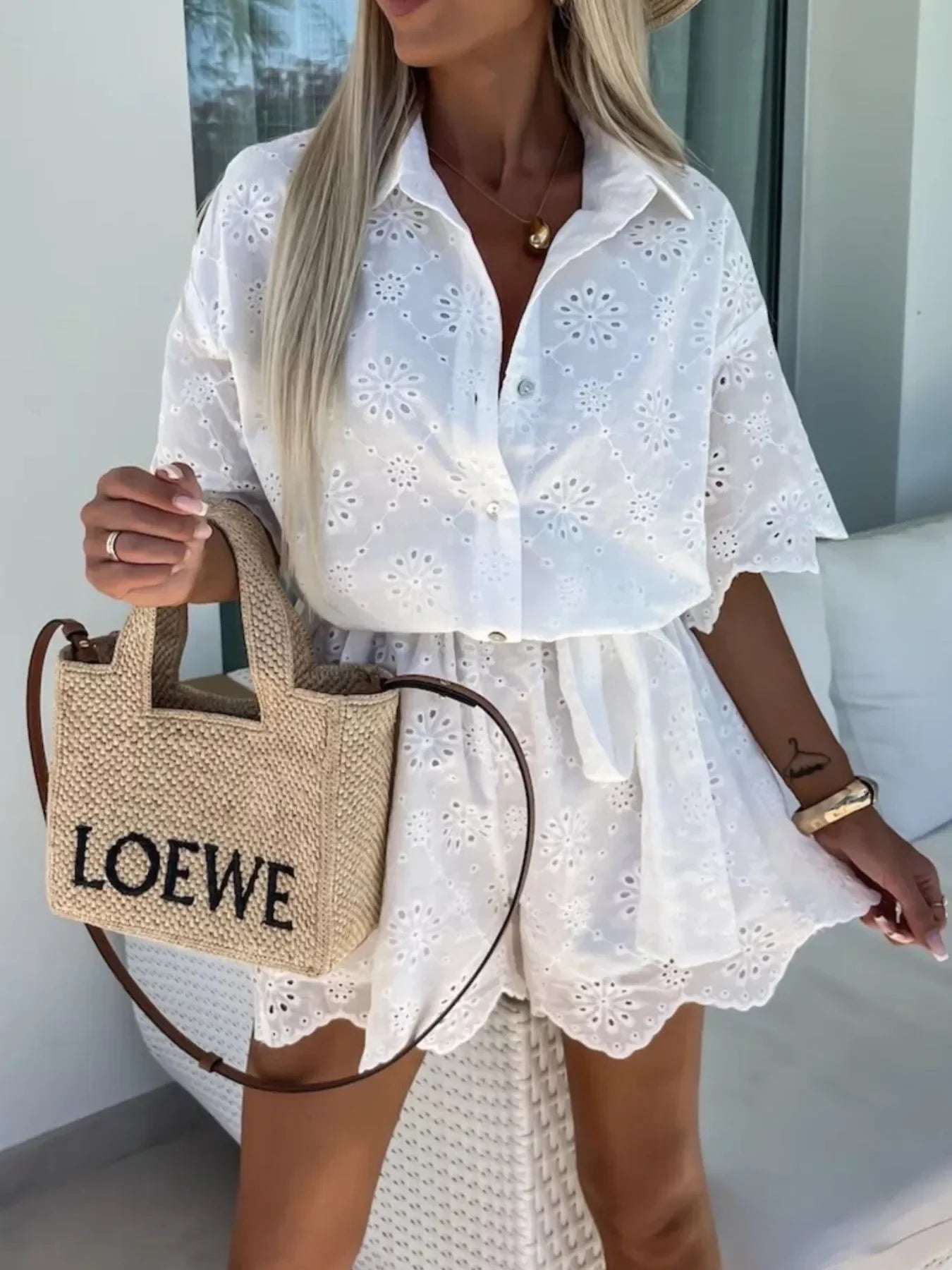 Eyelet Lace Button-Up Romper - Piña Colada