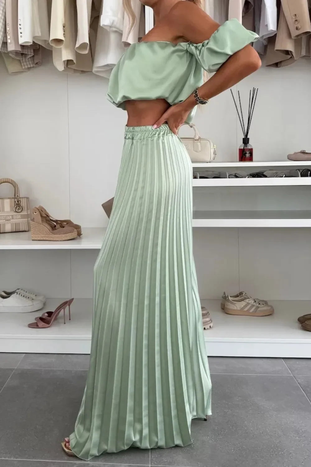 Off-Shoulder Top and Pleated Pants Set - Piña Colada