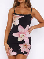 Floral Print Bodycon Cami Dress with Lace Trim - Piña Colada