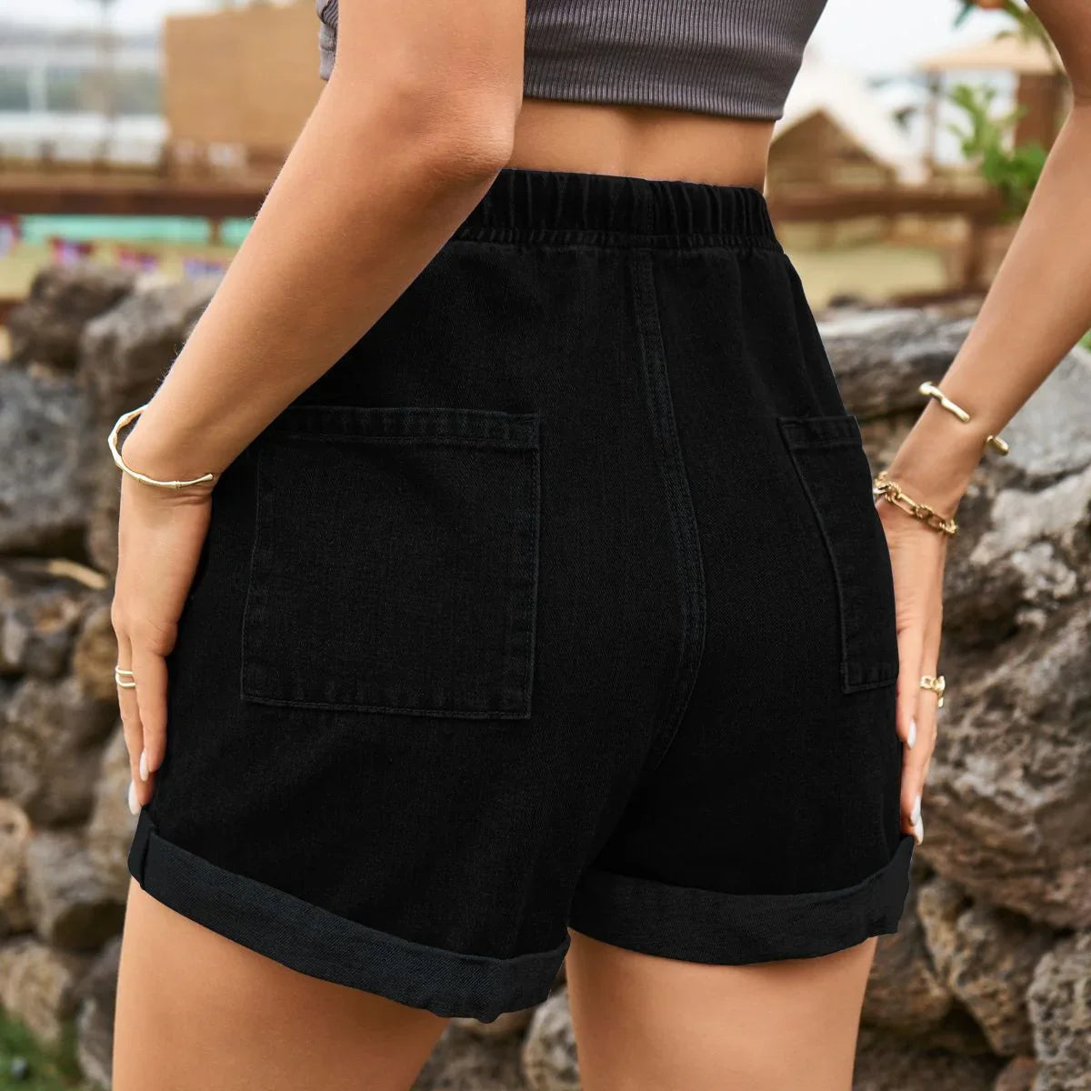 Drawstring High Waist Denim Shorts with Pockets - Piña Colada