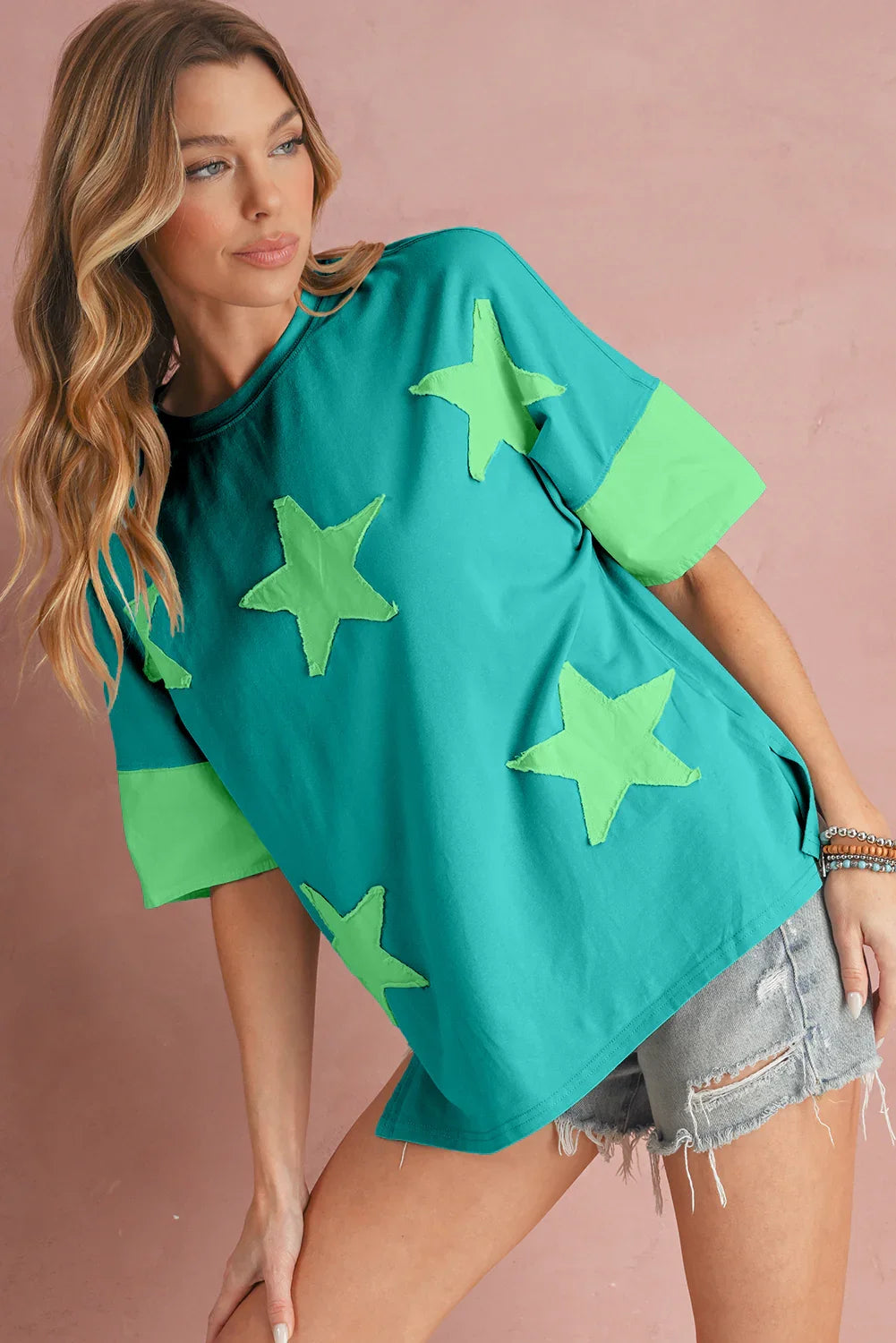 Oversized Star Patch T-Shirt – Raw Hem Split Design for Women - Piña Colada