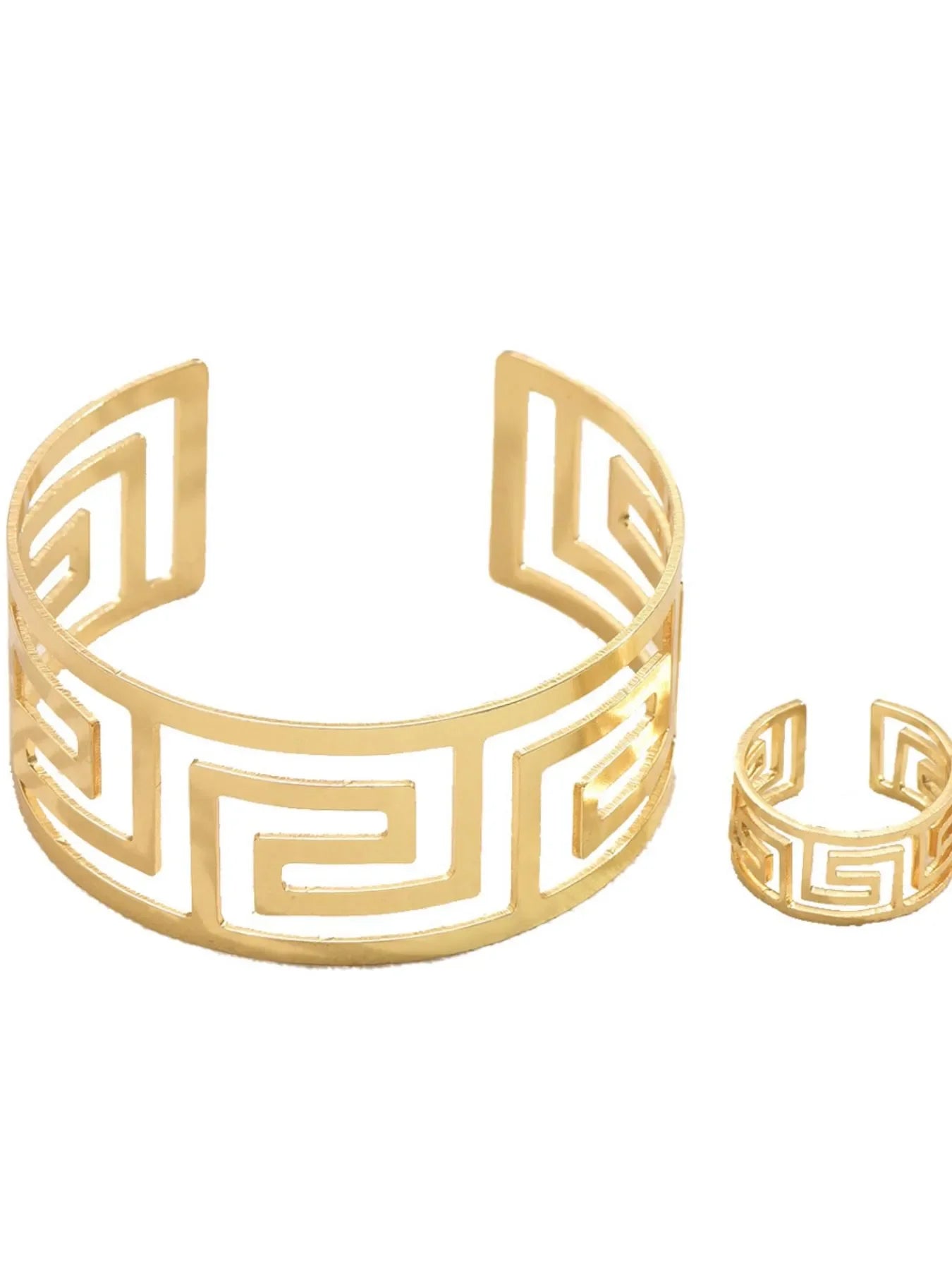 18K Gold-Plated Stainless Steel Geometric Bracelet and Ring Jewelry Set - Piña Colada