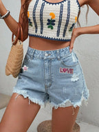 LOVE Distressed Raw Hem Denim Shorts - Piña Colada