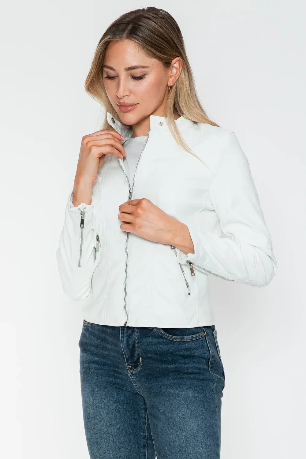 Snobbish PU Leather Zip Up Jacket with Pockets - Piña Colada