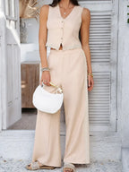 Devine Button Down Lace Detail Vest and Pants Set - Piña Colada