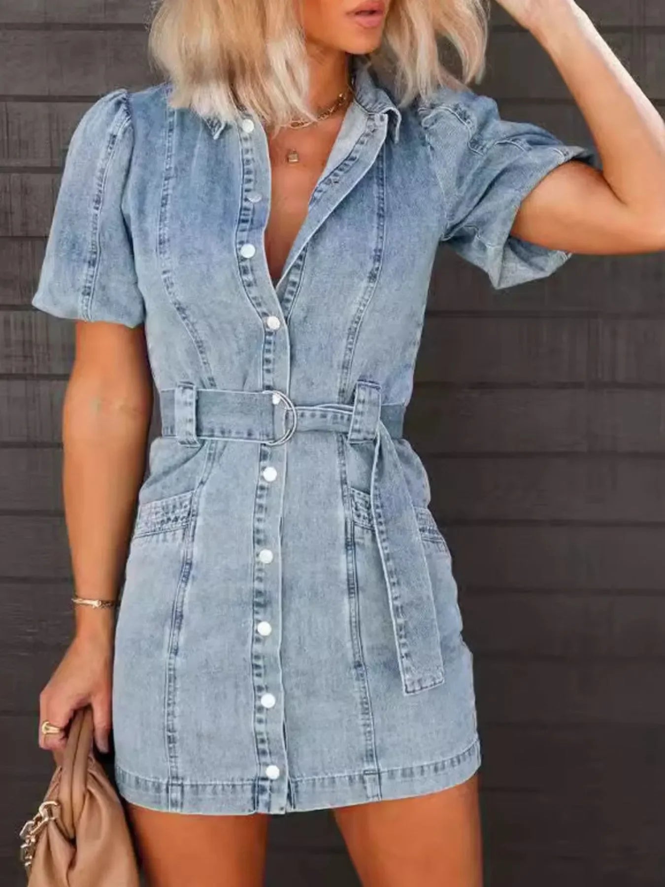 Button-Up Puff Sleeve Denim Shirt Dress. - Piña Colada