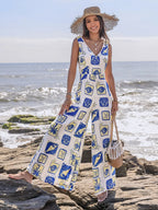 Printed V-Neck Wide Leg Jumpsuit - Piña Colada