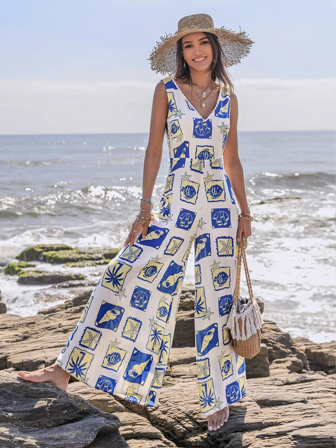 Printed V-Neck Wide Leg Jumpsuit - Piña Colada