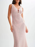 Lace Crochet V-Neck Sleeveless Maxi Dress - Piña Colada