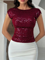 Devine Sequin Round Neck Backless T-Shirt - Piña Colada