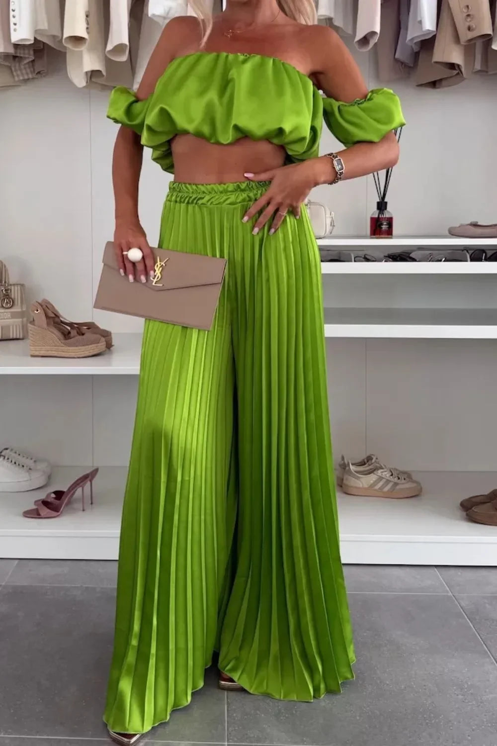 Off-Shoulder Top and Pleated Pants Set - Piña Colada