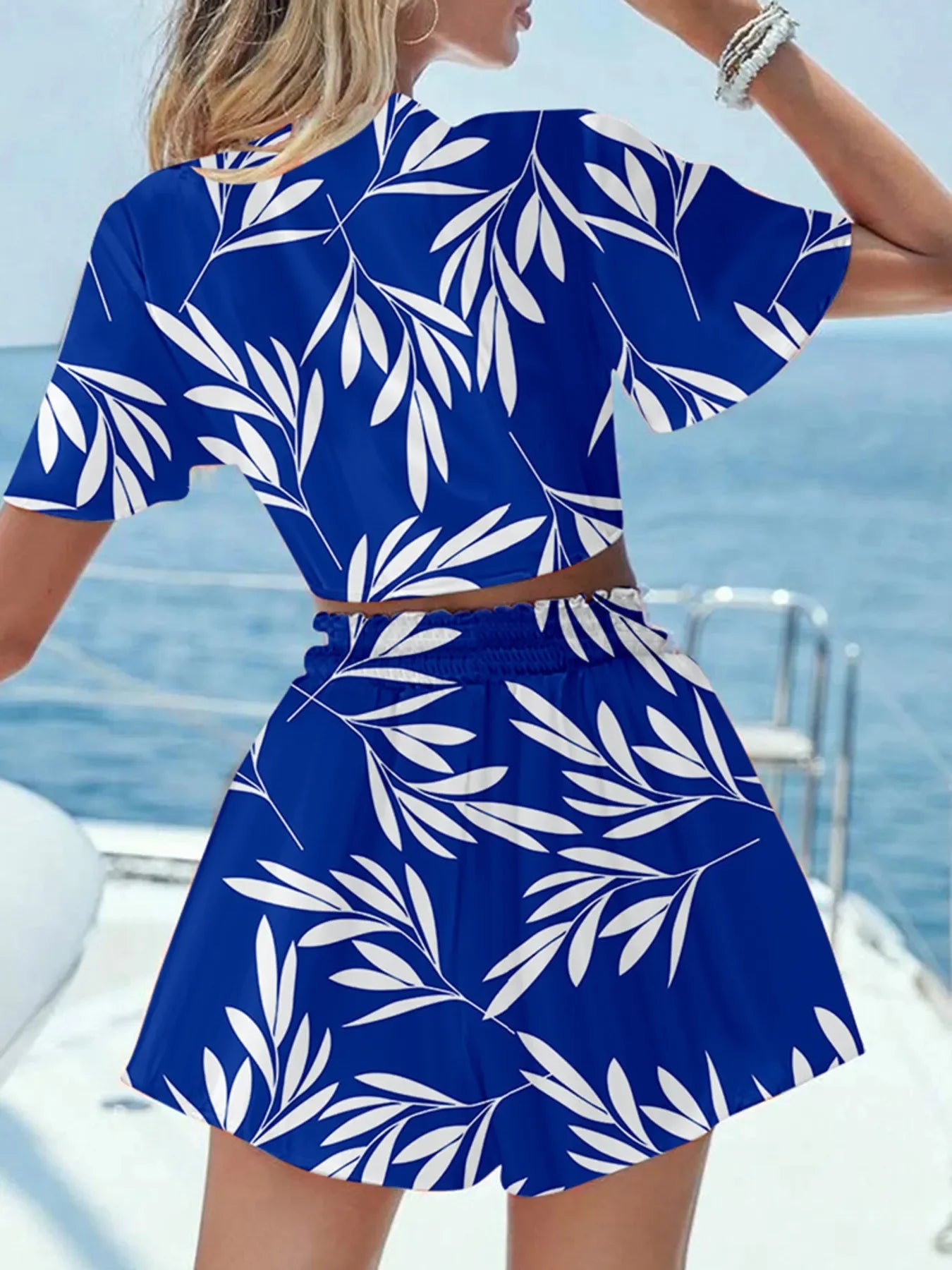 Printed Tie Front Top and Shorts Set - Piña Colada