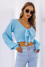 Bow V-Neck Long Sleeve Cropped Sweater - Piña Colada