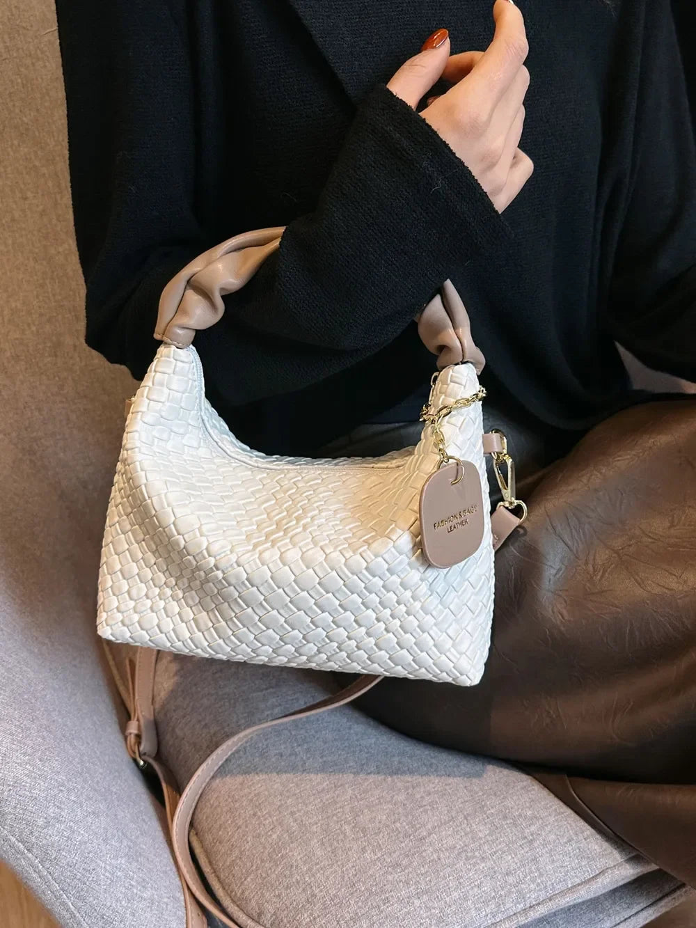 PU Leather Woven Crossbody Bag - Piña Colada