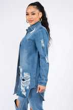 American Bazi Distressed Button Down Denim Shirt Jacket - Piña Colada
