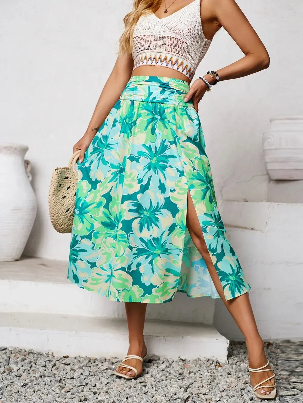 Slit Printed Midi Skirt - Piña Colada
