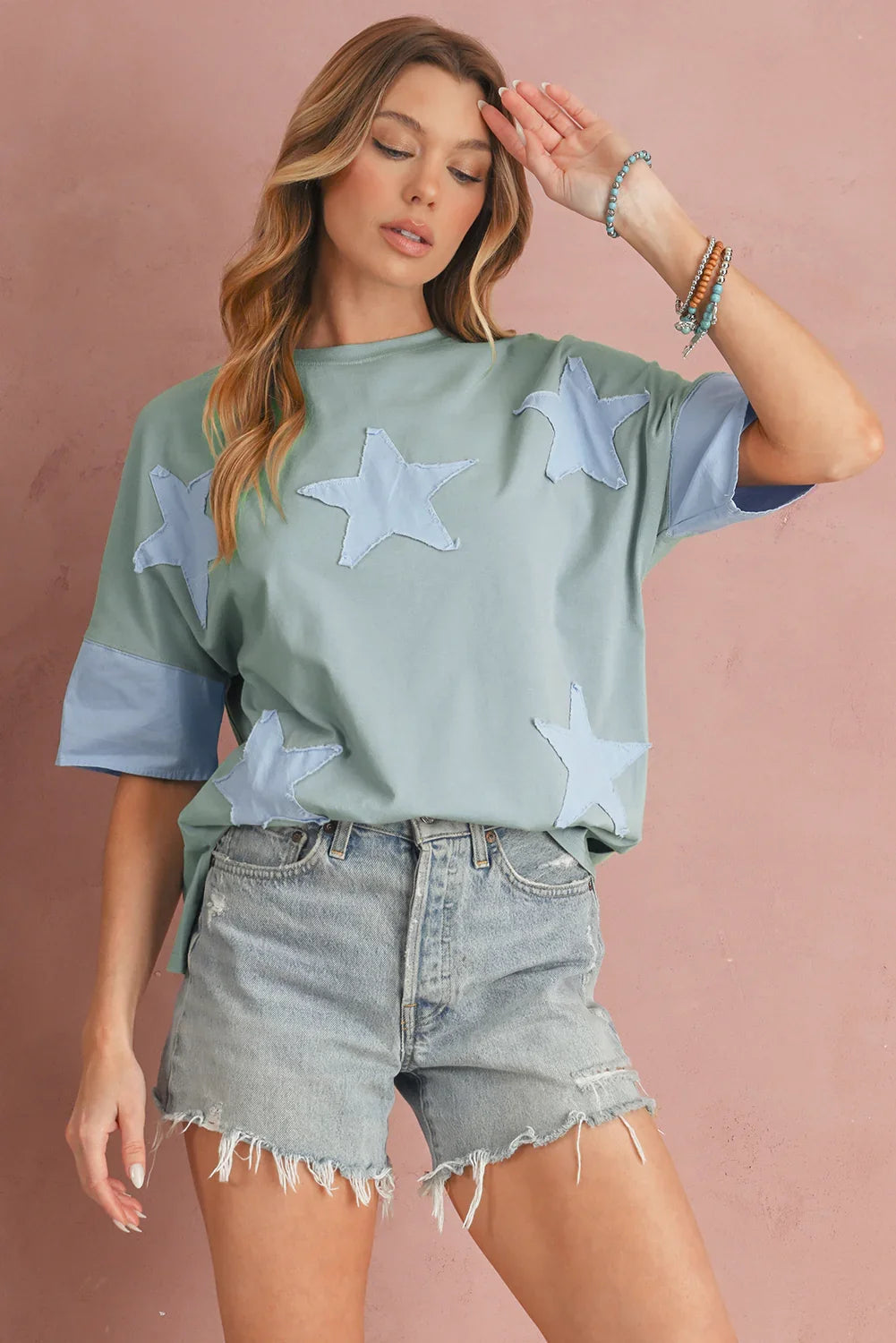 Oversized Star Patch T-Shirt – Raw Hem Split Design for Women - Piña Colada