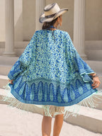 Fringe Printed Open Front Cover-Up - Piña Colada