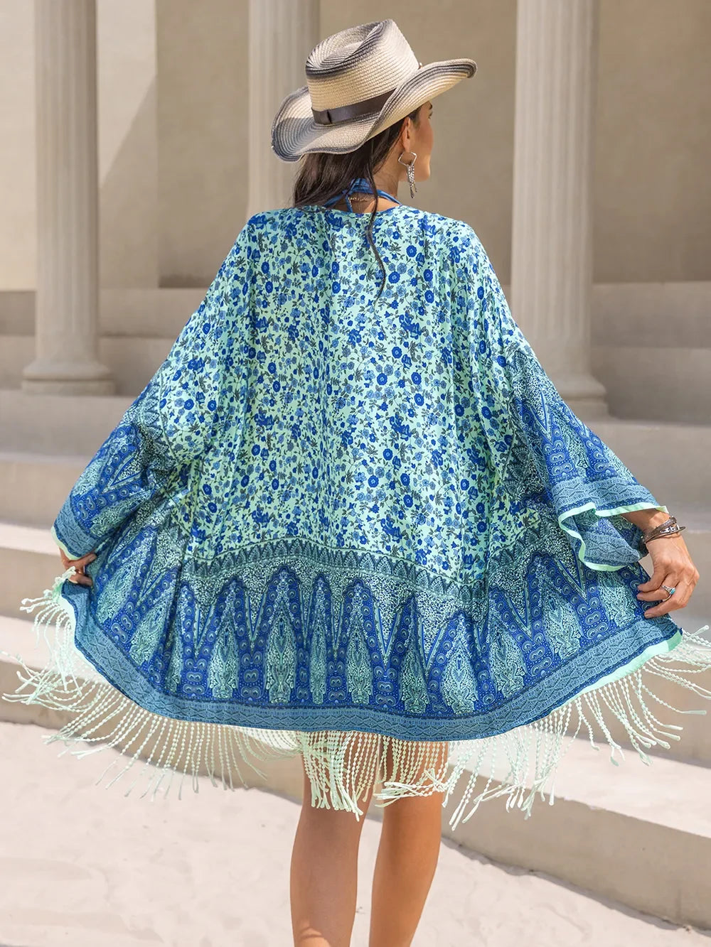 Fringe Printed Open Front Cover-Up - Piña Colada
