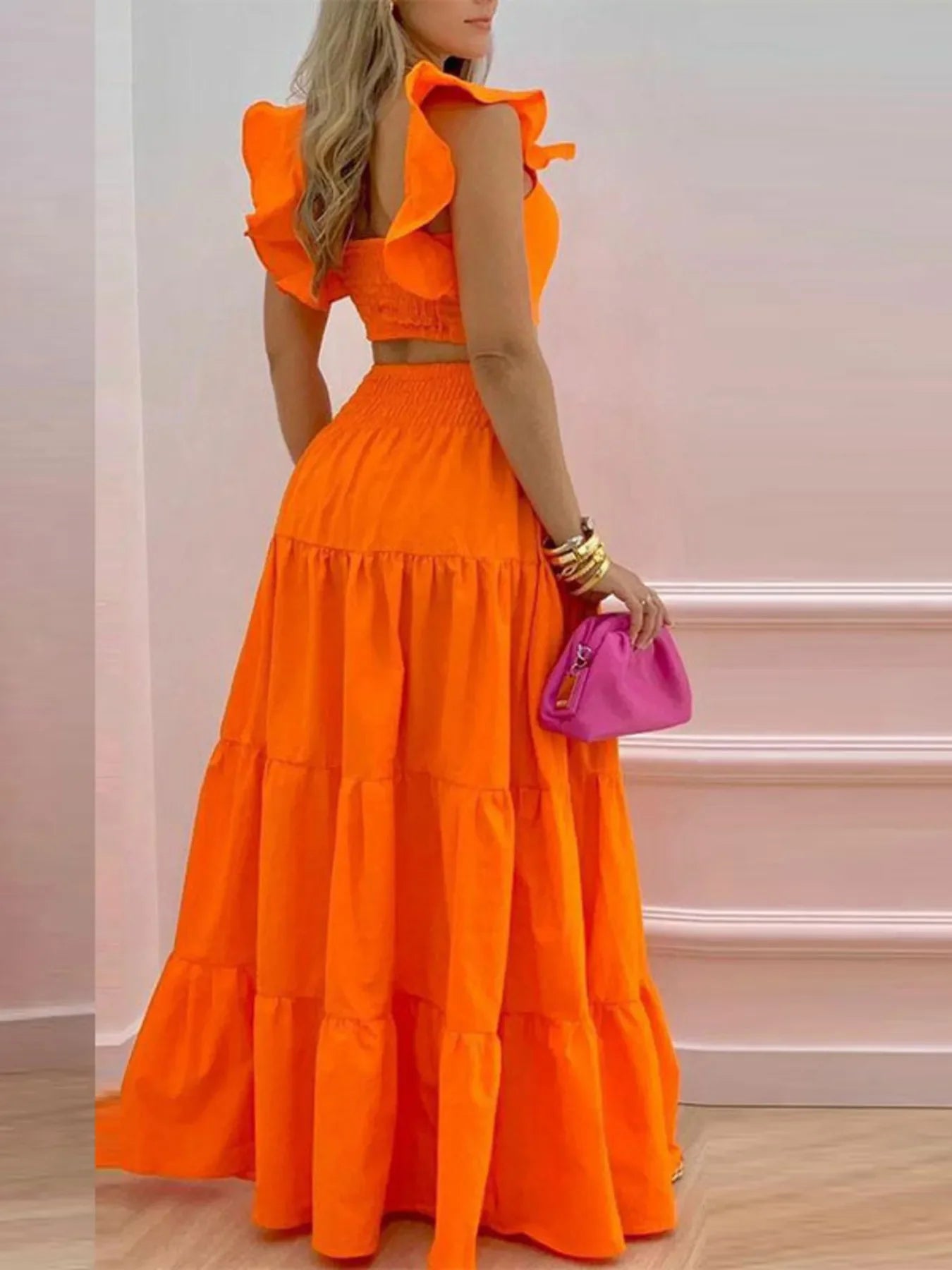 Full Size Ruffled Cami and Tiered Maxi Skirt Set Plus Size - Piña Colada