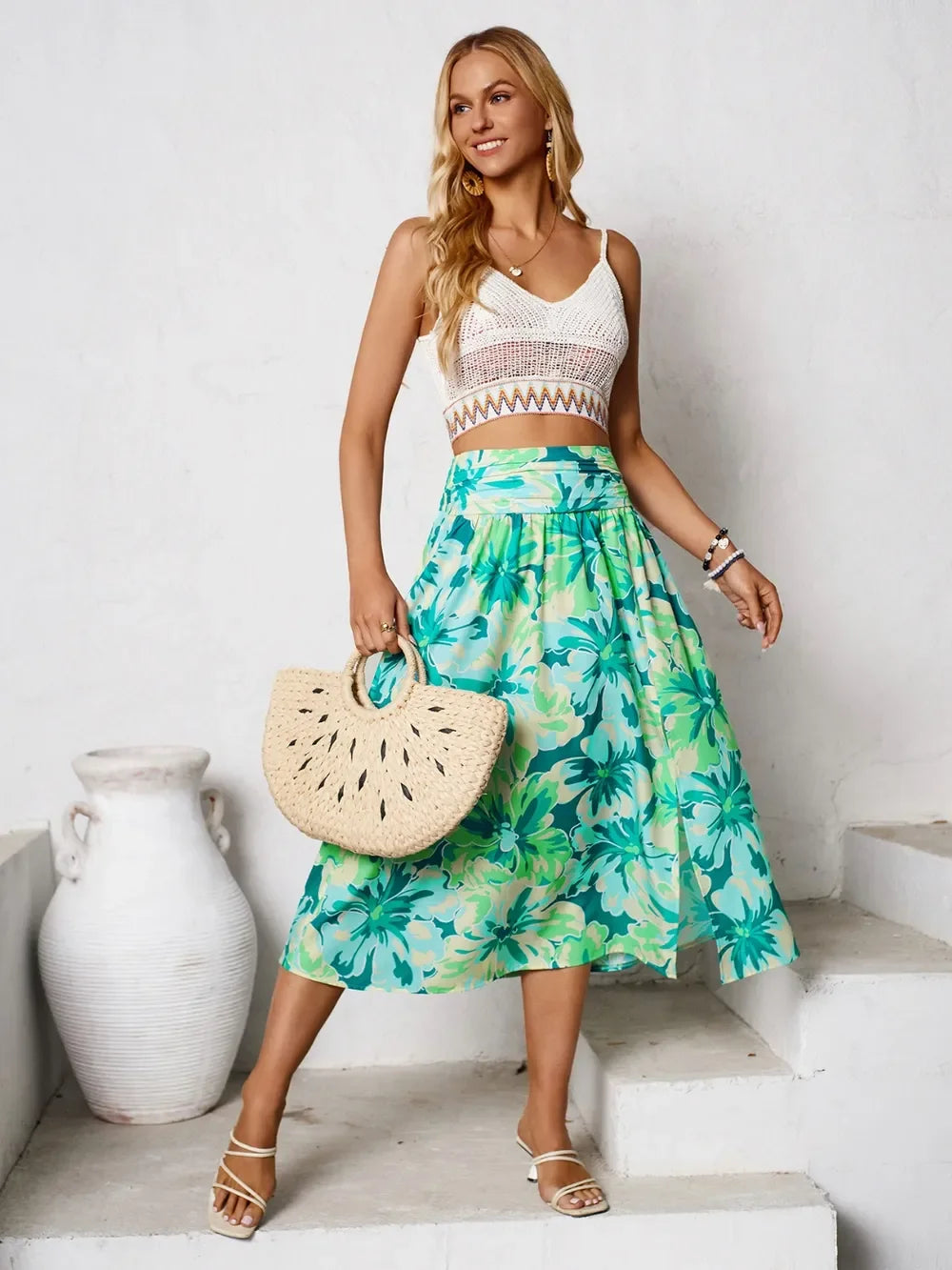 Slit Printed Midi Skirt - Piña Colada