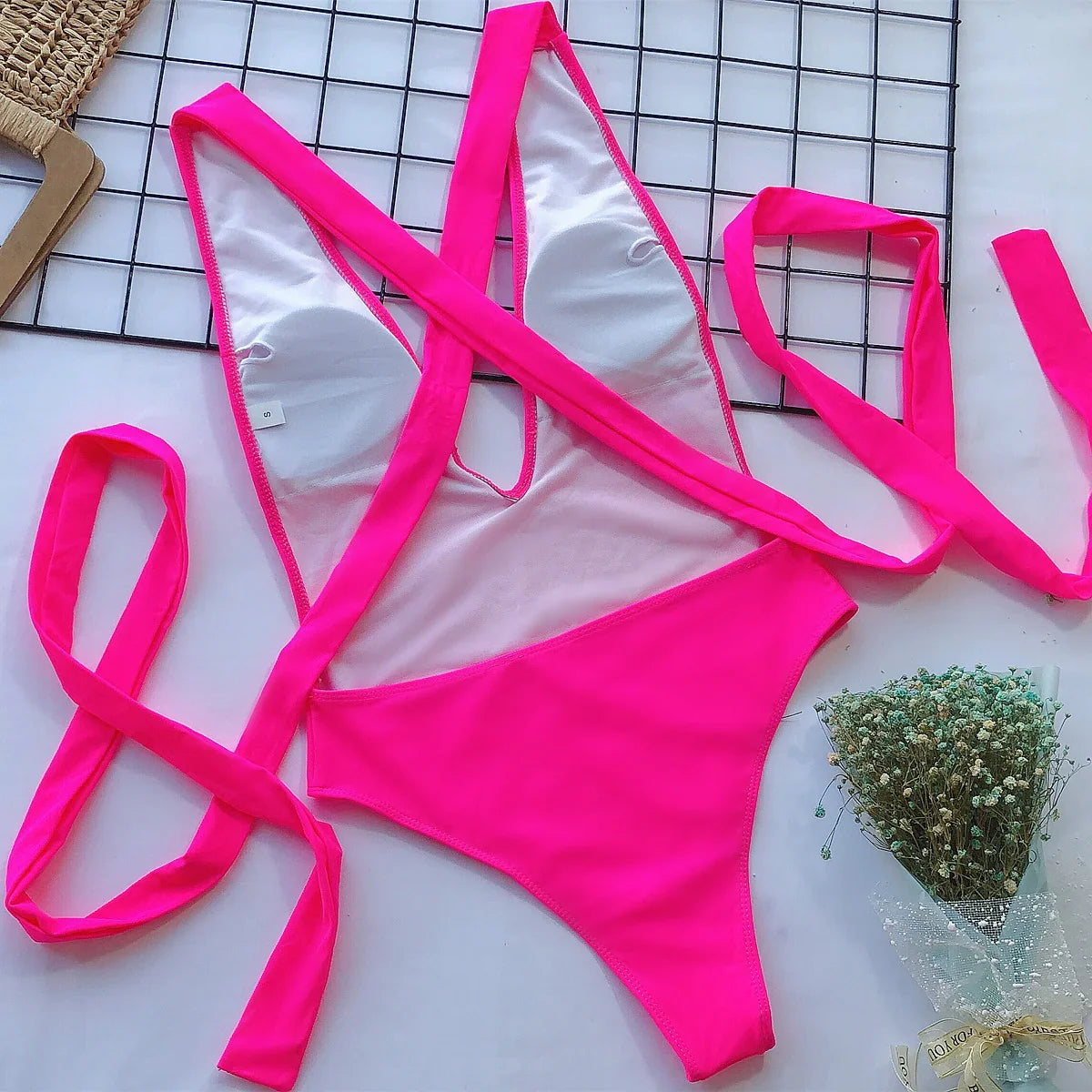 Halter Neck Deep V Tied One-Piece Swimsuit - Piña Colada