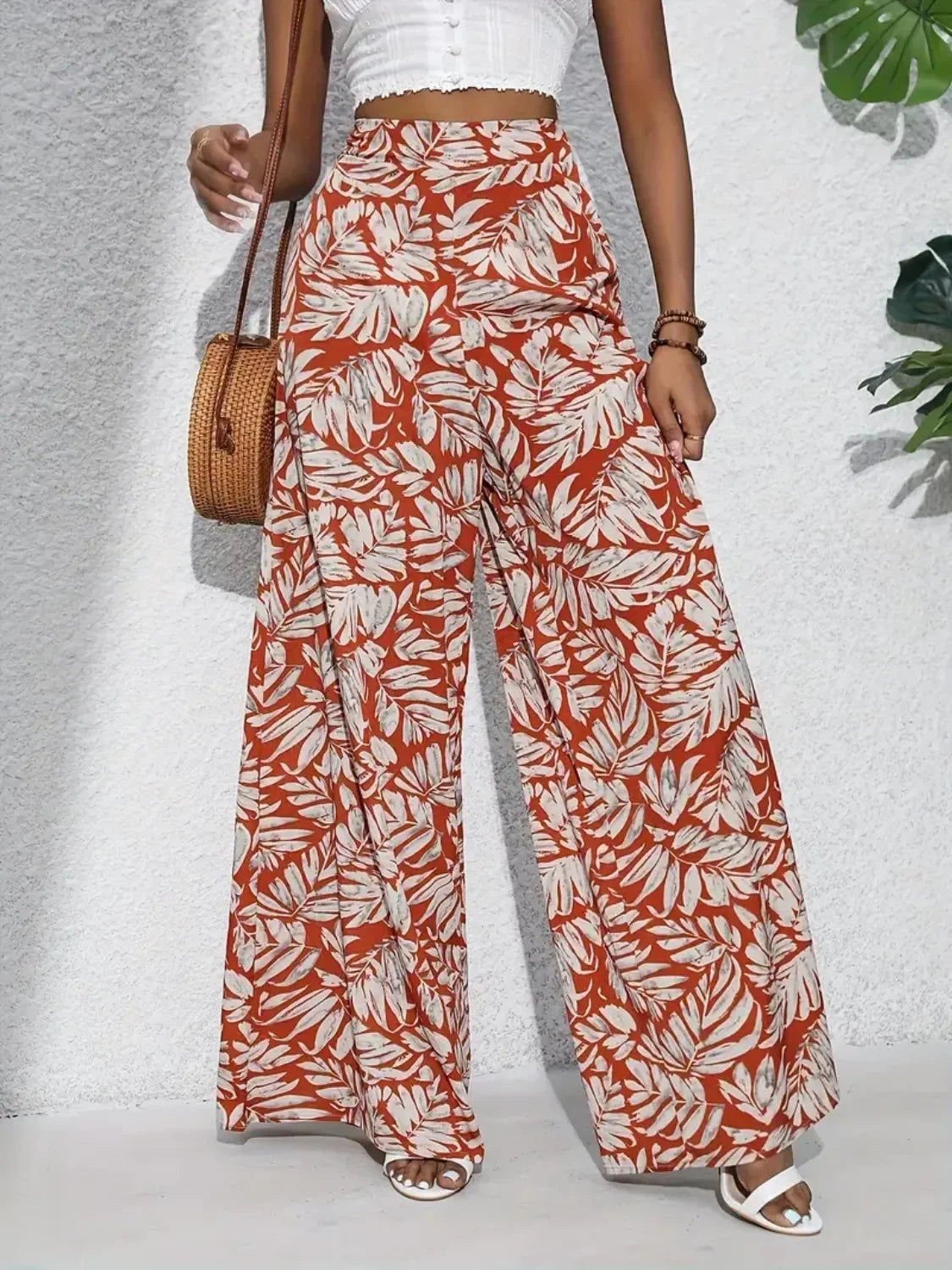 Printed High Waist Wide Leg Pants - Piña Colada
