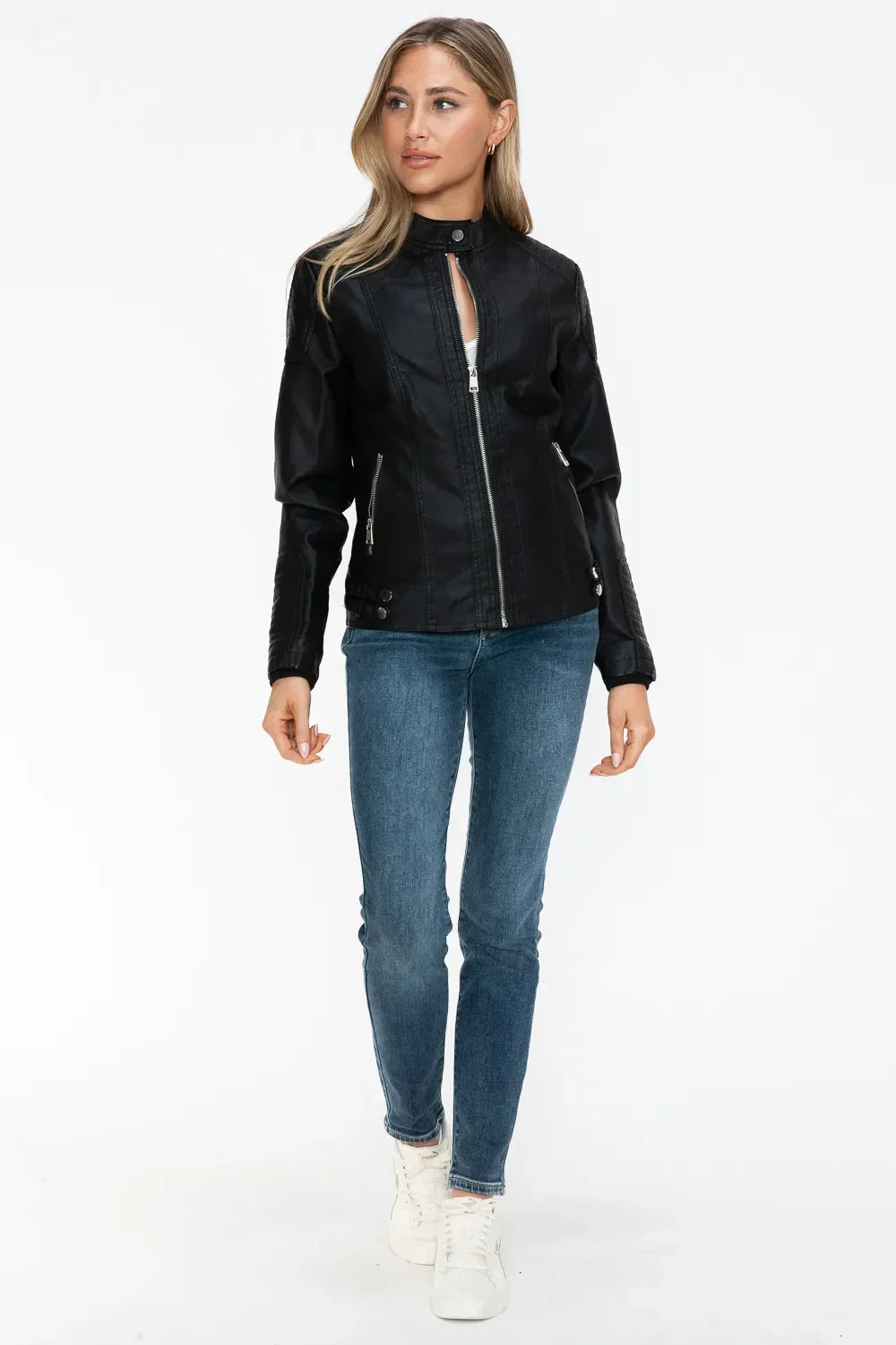 Snobbish Faux Leather Biker Jacket with Side Zip Pockets - Piña Colada