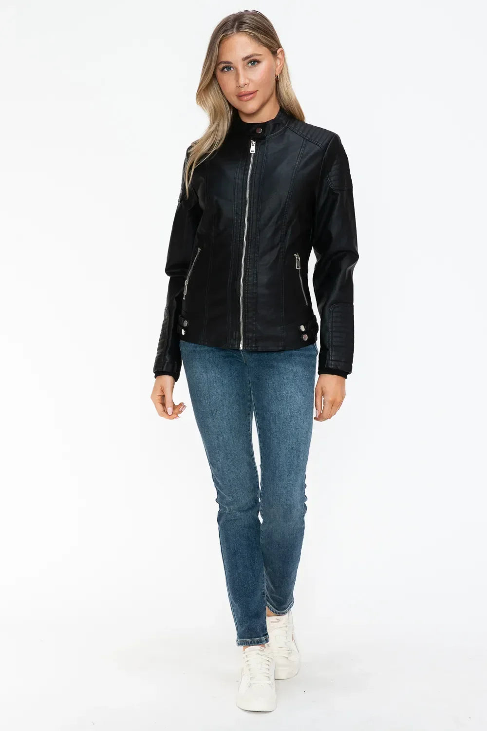 Snobbish Faux Leather Biker Jacket with Side Zip Pockets - Piña Colada