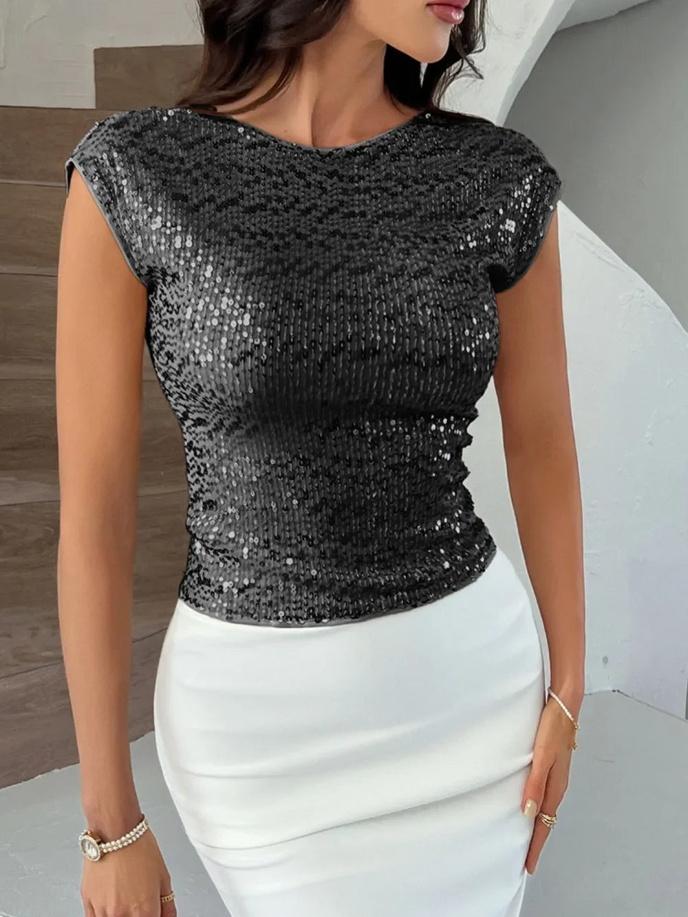 Devine Sequin Round Neck Backless T-Shirt - Piña Colada