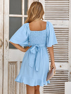 Smocked Tie Back Ruffle Hem Dress - Piña Colada