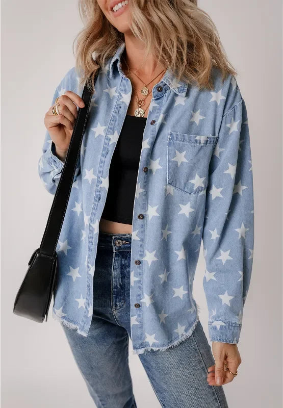 Star Collared Neck Denim Jacket - Piña Colada