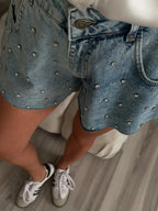 Rhinestone High Waist Denim Shorts - Piña Colada