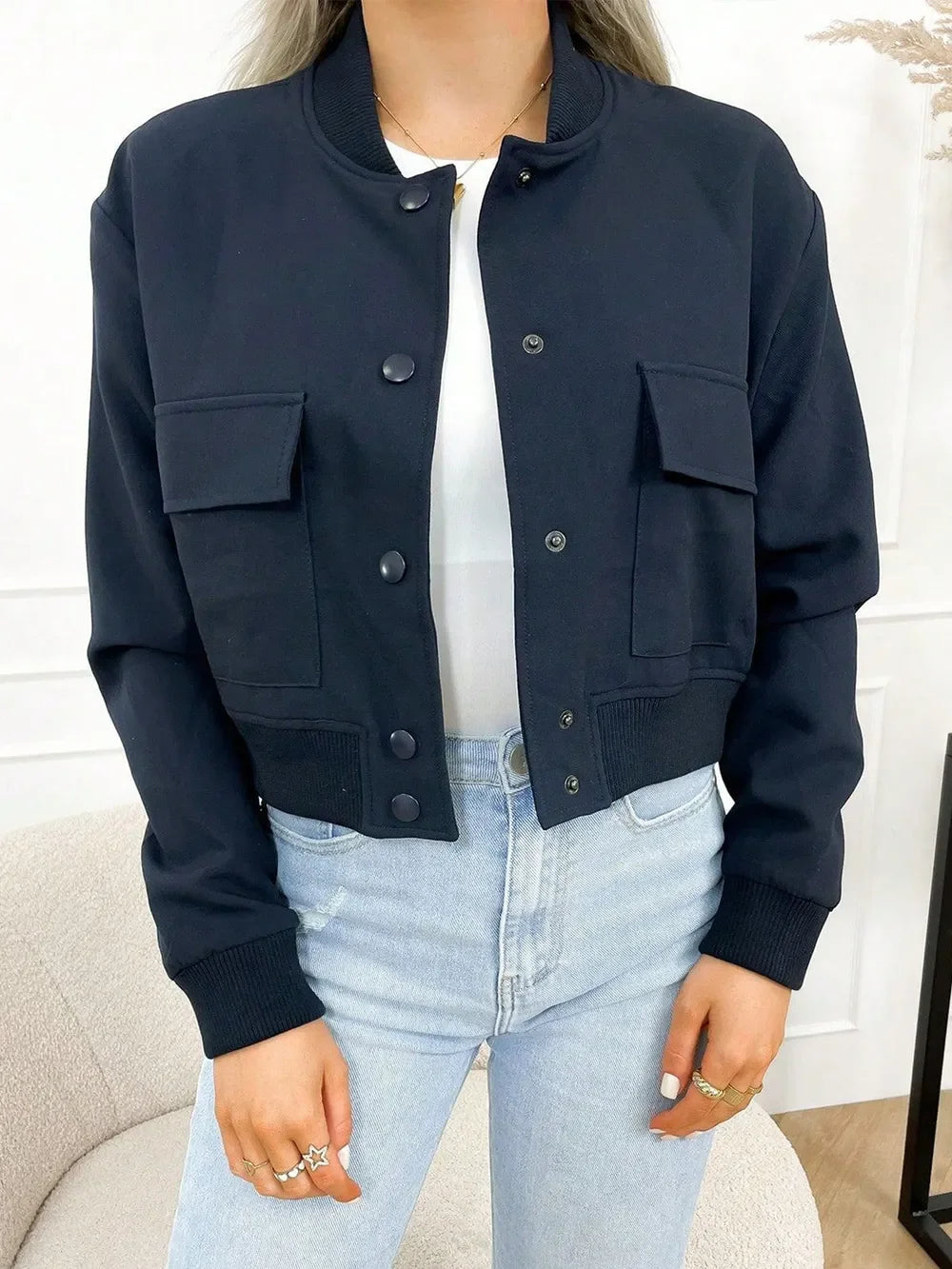 Pocketed Snap Down Baseball Collar Jacket - Piña Colada